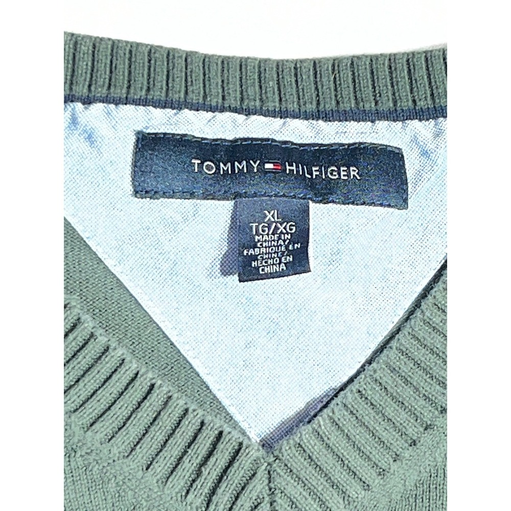 Tommy Hilfiger Mens XL Green V-Neck Long Sleeve Knit Sweater Logo Pullover - Picture 3 of 9